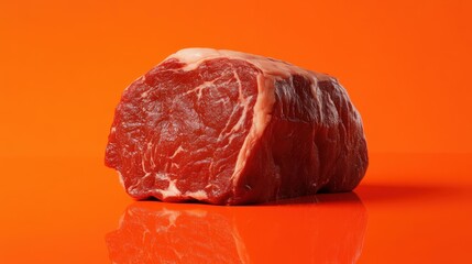 Fresh cut of beef on a vibrant orange background, showcasing its marbling and texture