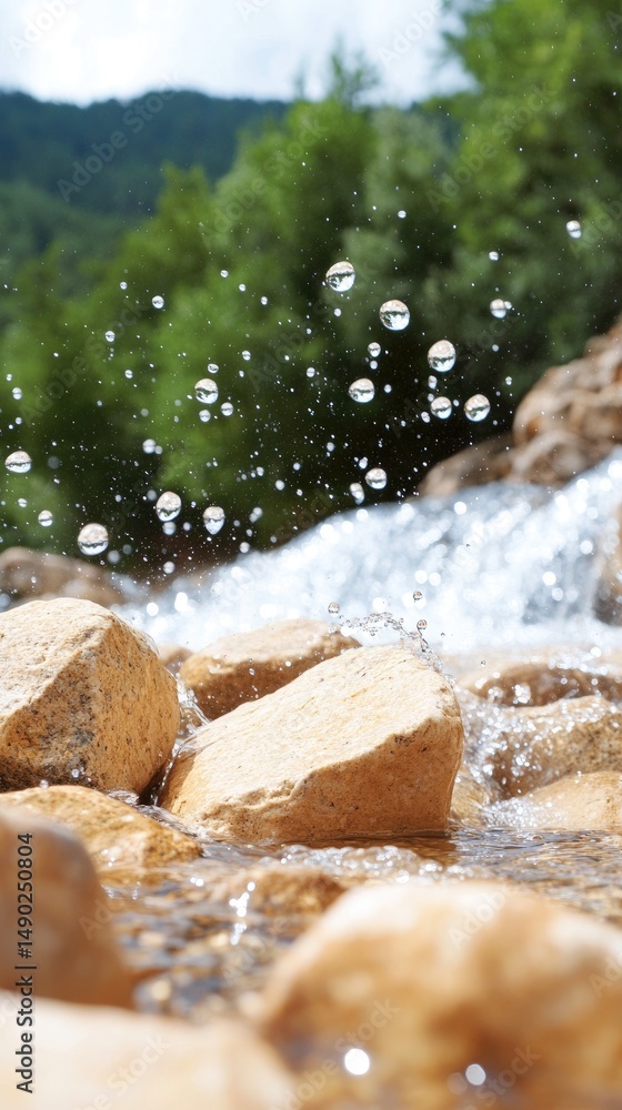 Poster water flowing over rocks with splashing droplets in a natural setting