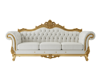 Luxury Gold  White Sofa Baroque Style Upholstered 3 Seater Couch  Elegant Living Room Furniture on Transparent background