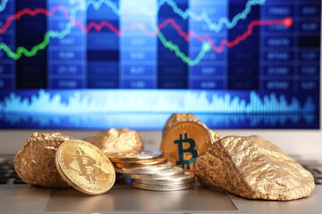Bitcoins and golden nuggets on laptop with exchange rates diagrams, closeup