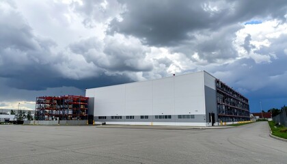 Fototapeta premium Functional Refrigerated Warehouse with Pallet Racking Under Stormy Skies