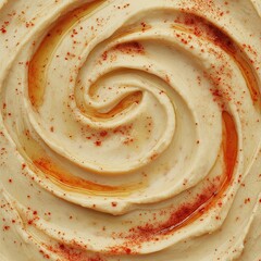 Hummus and pita, close-up, smooth hummus, olive oil swirl, paprika sprinkle, earthy beige and red