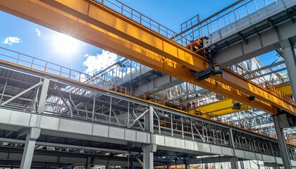 Functional Warehouse Mezzanine with Overhead Cranes in Harsh Sunlight