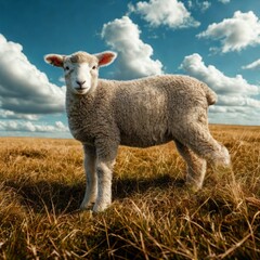 Obraz premium Curious Lamb on a Sunny Field 