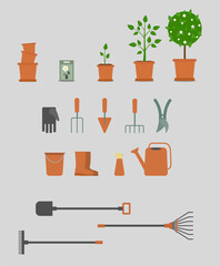 Various garden tools and fruits and vegetables elements on gray background, vector illustration. Set of garden isolated elements shovel, hoe, rake, vegetables, pots, trees