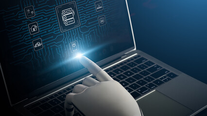 Artificial intelligence robot interacting with digital touchscreen, futuristic cybersecurity interface, encrypted network protection, high tech innovation in computing