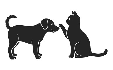 Black silhouette of a dog and a cat giving each other a high five with smiles