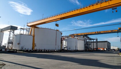 Obraz premium Giant Chemical Storage Warehouse with Dramatic Shadows and Cranes
