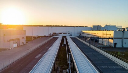 Giant Cold Storage Facility with Conveyor Belts at Golden Hour
