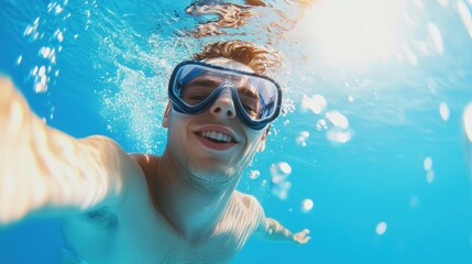 Person enjoying an underwater swim wearing goggles on a vacation