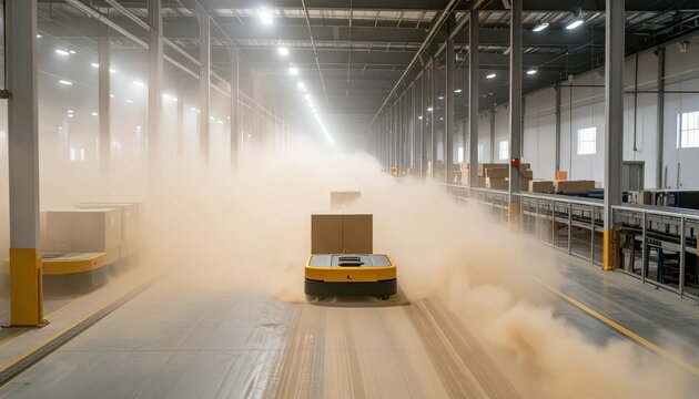 Dust Swirls Around Automated Guided Vehicles in Giant Fulfillment Center