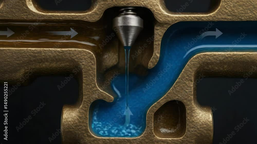 Poster hydraulic mechanism with metal valve and spring controlling fluid flow and pressure in industrial sy
