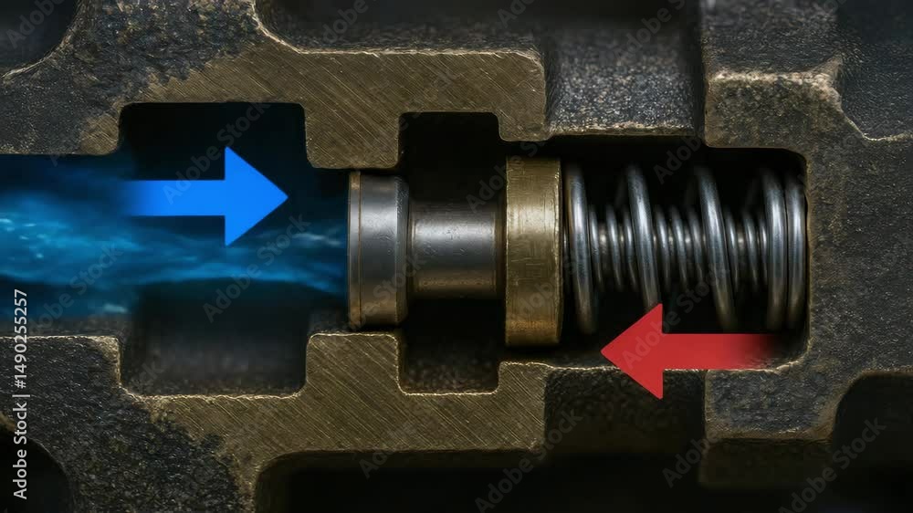 Poster hydraulic mechanism with metal spring and piston showing fluid flow direction in close up mechanical