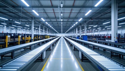 Naklejka premium Bright Fulfillment Center with Packing Stations Under Fluorescent Lights
