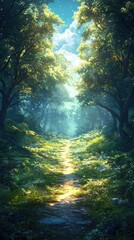 Fototapeta premium Serene nature pathway enchanted forest digital art tranquil environment landscape view fantasy concept