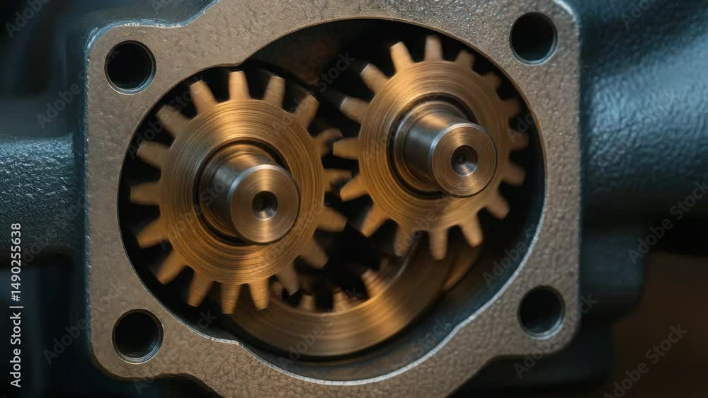 Poster hydraulic mechanism with metal gear wheels in motion inside mechanical device showing precise engine