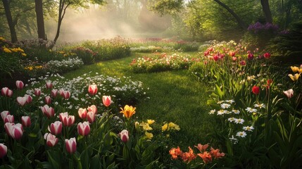 Enchanted Spring Garden: A Misty Sunrise in a Floral Paradise