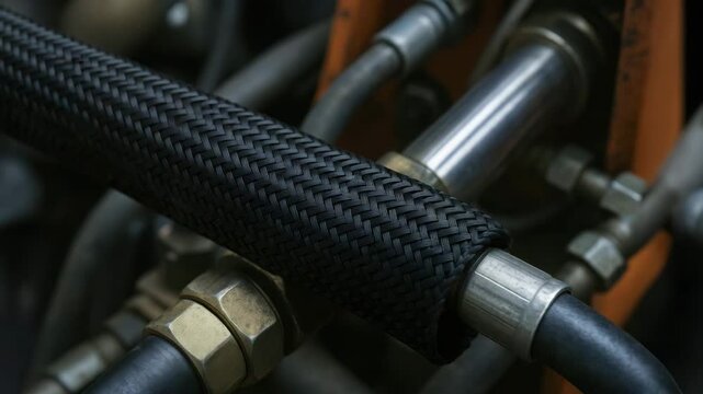 Hand holding braided protective sleeve on hydraulic hose mechanism with metal fittings and hydraulic hose connection in industrial machinery close up