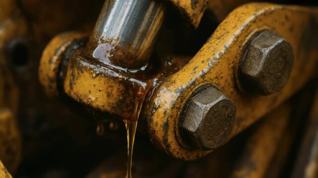 Hydraulic mechanism with oil dripping from rusty metal joint close up of industrial machinery mechanical parts and lubrication in use