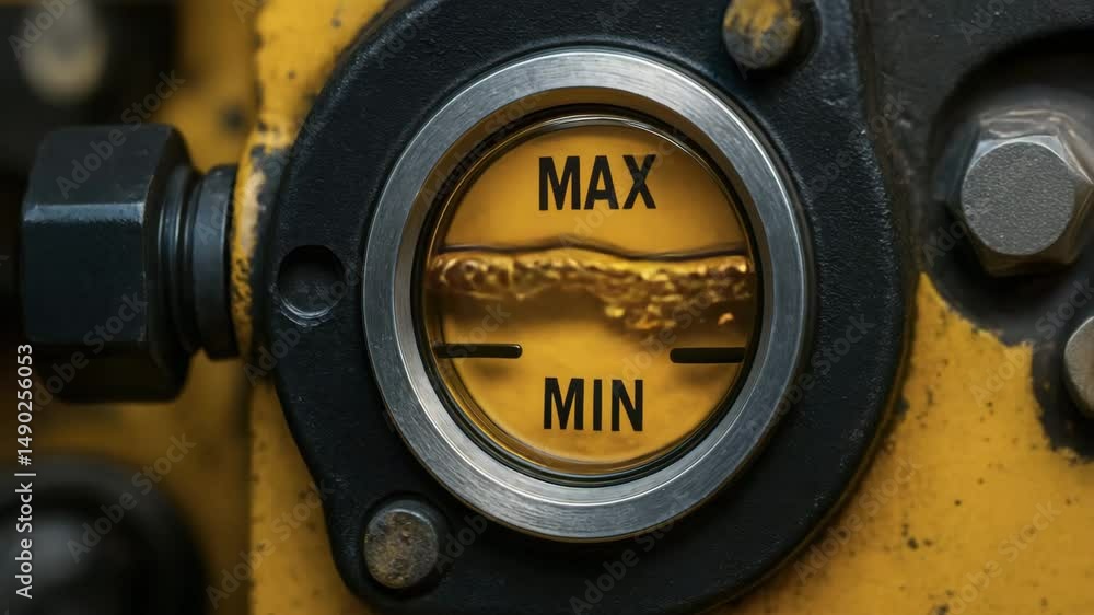 Poster hydraulic fluid level gauge mechanism with max and min marks on yellow industrial machinery for safe