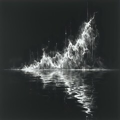 The image is a monochrome depiction of a serene body of water, possibly a lake, with a dramatic and ethereal effect created by the reflection of the sky on the water's surface.