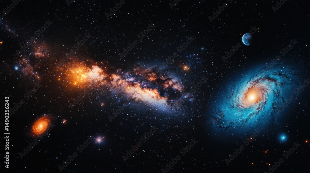 Poster exploring cosmic wonders galaxies and nebulae in deep space astronomical scene vast universe wide vi