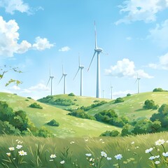 A serene landscape with wind turbines on a green hillside, set against a clear blue sky dotted with fluffy white clouds, and a meadow filled with white flowers in the foreground.