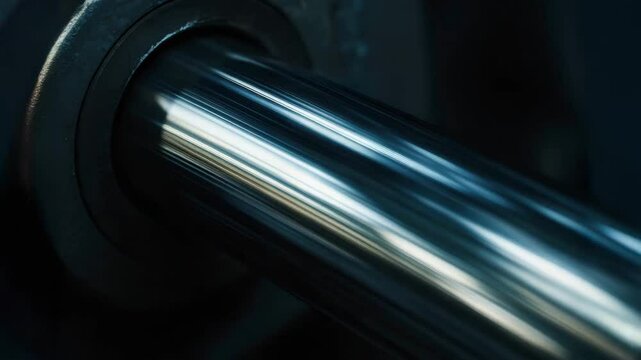 Close up of shiny metal hydraulic mechanism rod with smooth reflective surface and precise engineering in dark environment