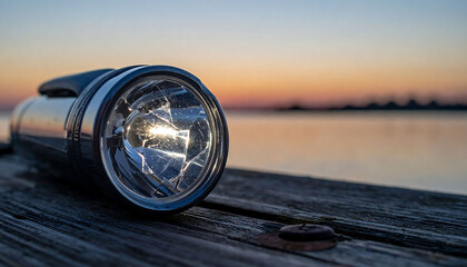Illuminating stillness. A flashlight rests on weathered wood against a serene sunset backdrop over water. Symbolizes guidance, exploration, or hope.