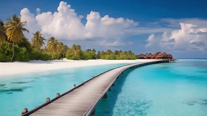 Obraz premium Wooden pathway leading to huts on a tropical island with turquoise water and palm trees under blue sky