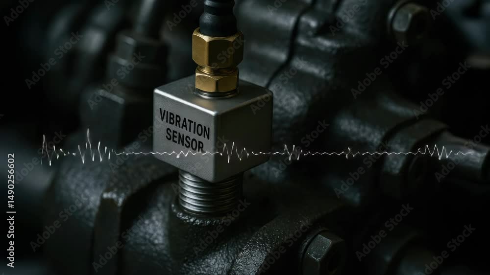 Poster vibration sensor on hydraulic mechanism enables monitoring and maintenance of industrial equipment b