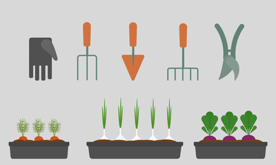 A set of vector elements for vegetable garden and gardening on a gray background. Garden set, vegetables planted in slides, garden gloves, rake and shovels