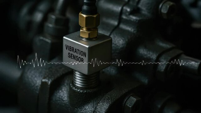 Vibration sensor on hydraulic mechanism enables monitoring and maintenance of industrial equipment by detecting mechanical oscillations efficiently