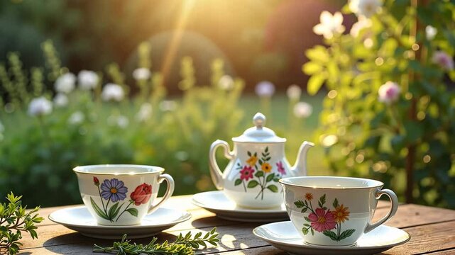 Floral porcelain tea set with cups and teapot on wooden table in blooming summer garden under warm sunset light captured in 4K motion cozy outdoor moment