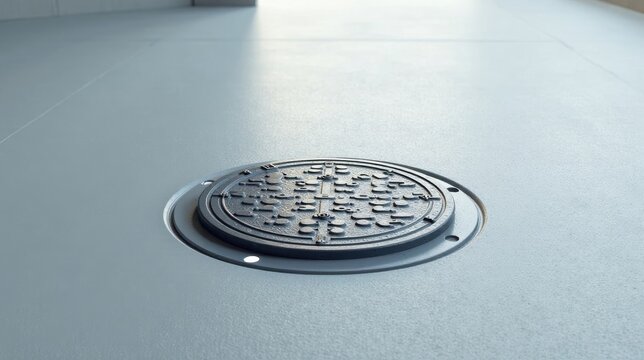 A metallic access hatch cover sits flush within a smooth, light gray surface.
