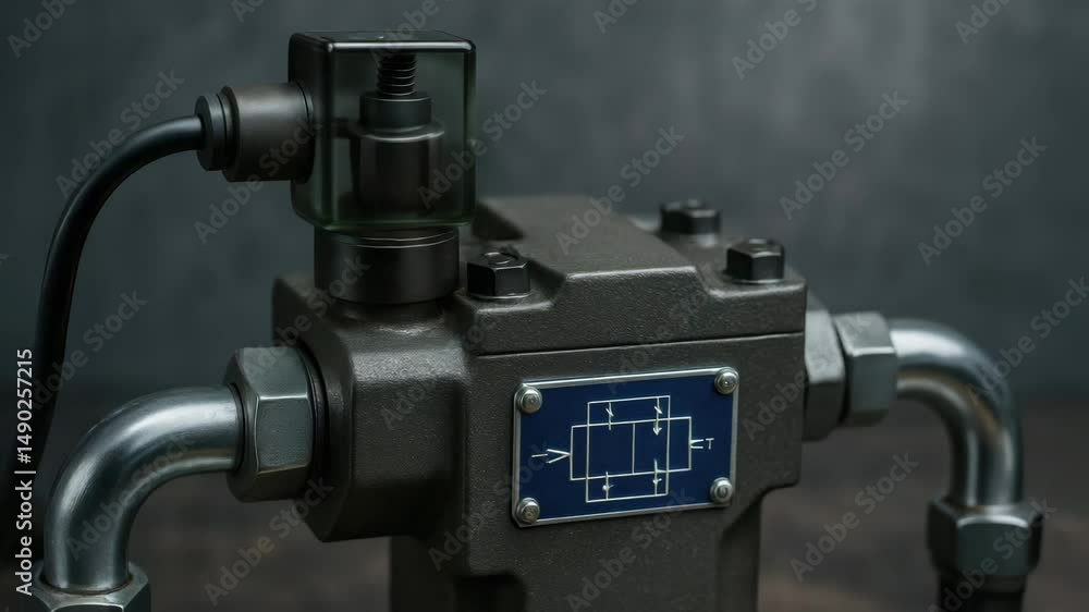Aufkleber hydraulic mechanism component with metal pipes and illuminated orange indicator light used in indust