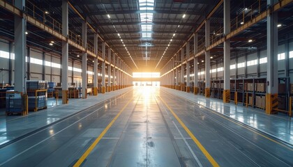 Obraz premium Vast Warehouse at Dawn with Mezzanine and Packing Stations