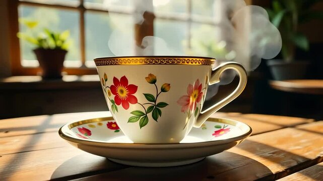 Steaming beverage in a floral teacup on a wooden table by a sunlit window