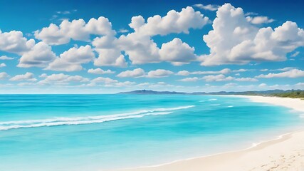 A scenic beach view with white sand turquoise water and fluffy clouds under a bright blue sky day