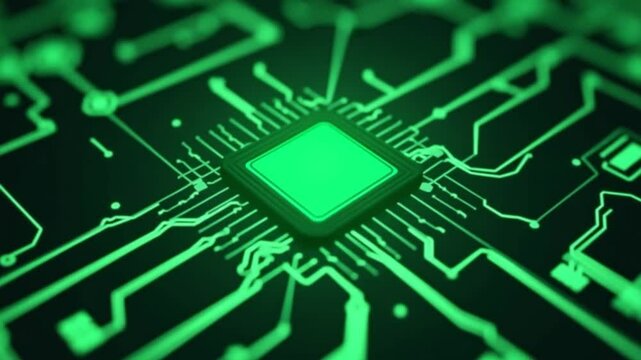 Artificial intelligence and green screen of a processor chip. The process of data processing. Developments in modern technologies. Microcircuits on neon glowing background. 3D rendering animation loop