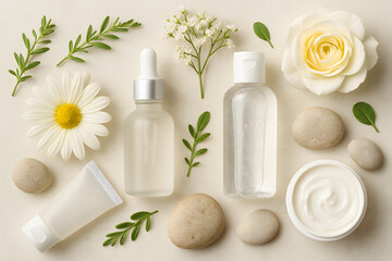Flat lay of skincare products with flowers and natural elements
