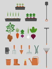 Garden tools with plants, flowers, pots, watering can, scissors, pruning shears, rubber boots on gray background. Trees and vegetables in pots, vector illustration for advertising