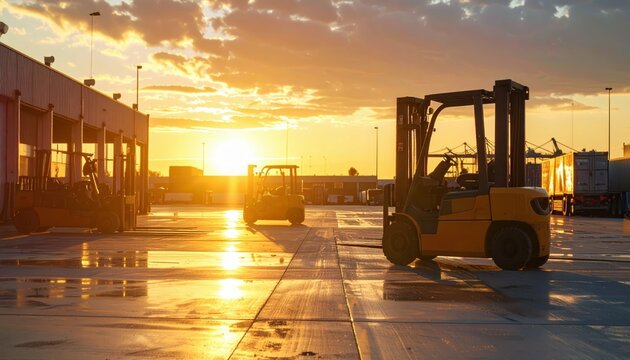 Sunset View of High-Tech Cross Dock Facility with Forklifts