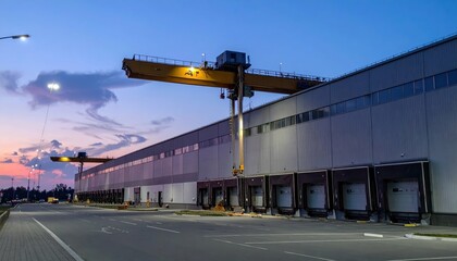 Obraz premium High-Tech Warehouse Packing Area with Overhead Cranes at Dusk