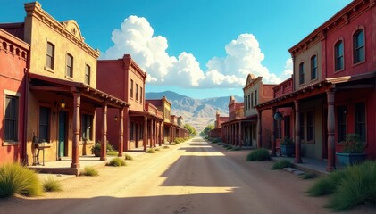 Obraz premium Rustic Main Street view with old western buildings, small town USA, classic cars