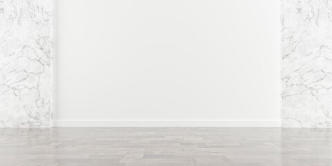White room with white marble panels on the back wall and dark wooden floor, product or design presentation template background