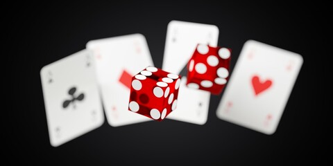 Two red casino dice floating in front of four aces playing cards over black background with selective focus, gambling or luck concept