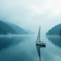 Sailboat anchored in misty Cowichan Bay with sail partially furled, vessels, mist