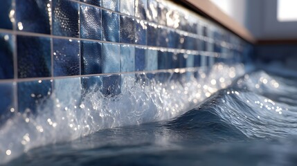 Serene water flowing over blue mosaic tiles creating a tranquil spa-like atmosphere perfect for relaxation and wellness.