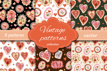 Romantic vintage vector patterns with hearts, florals and folk-style textures. Warm, nostalgic design great for Valentine's Day, home decor or packaging.